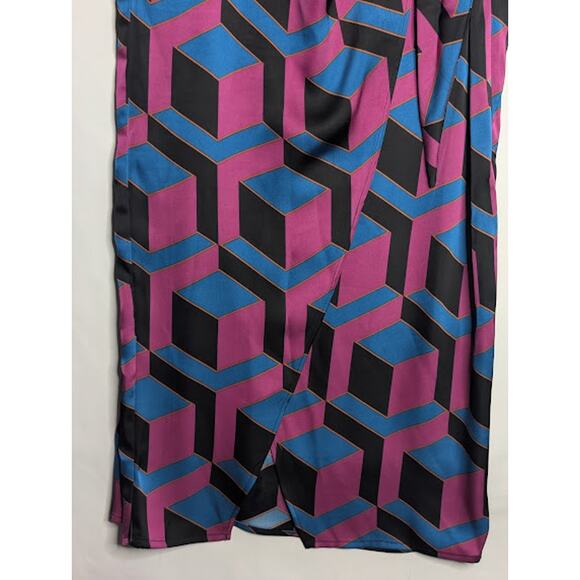 HOUSE OF HARLOW 1960 Satin Wrap 52" Long Maxi Dress Bold Geometric Print Retro - Picture 4 of 11